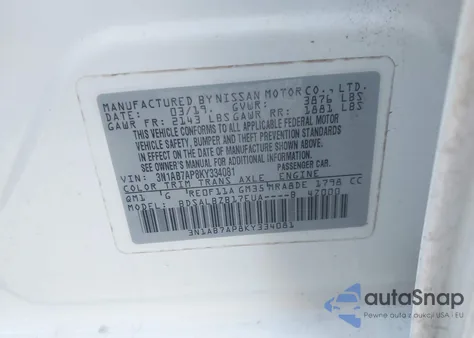 2019 Nissan Sentra S z USA, uszkodzony, nr VIN 3N1AB7AP8KY334081